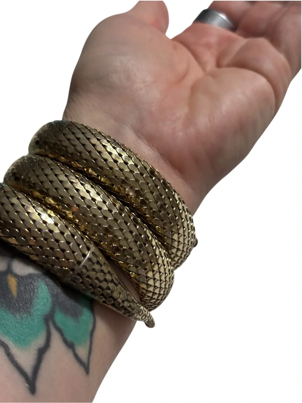 Vintage Whiting & Davis Egyptian Gold Tone Snake Triple Coil Mesh Wrap Bracelet